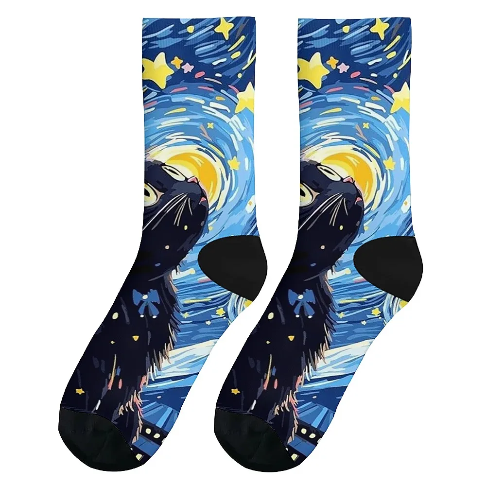 Black Cat art print Versatilemen's novelty midtube socks fashionable and cute versatile style breathable and warm perfect gift