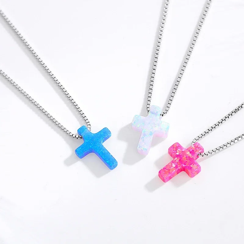 TONGZHE Opal Necklace Silver 925 Sterling Necklace Woman Blue Cross Chains Jesus Charm Opal Necklace Pendants Women&30