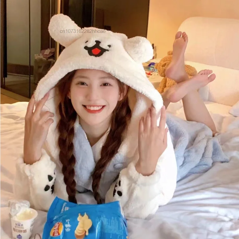 Kawaii Animal Dog Sleeping Nightgown Youthful Couple Woman Pants Set Coral Hood Robe Outwear Home Fur Kpop Korean Pijama Pjs