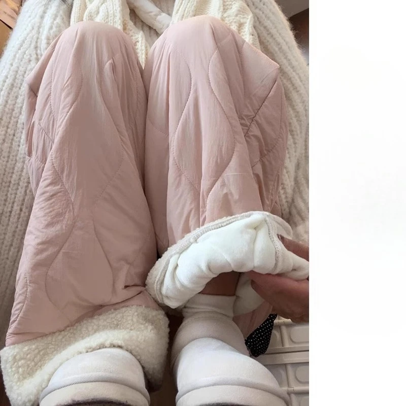 กางเกงขากว้างผ้าขนแกะสำหรับผู้หญิงในฤดูใบไม้ร่วงและฤดูหนาว กางเกงผ้าฟลีซและผ้าฝ้ายหนา และกางเกงวอร์ม