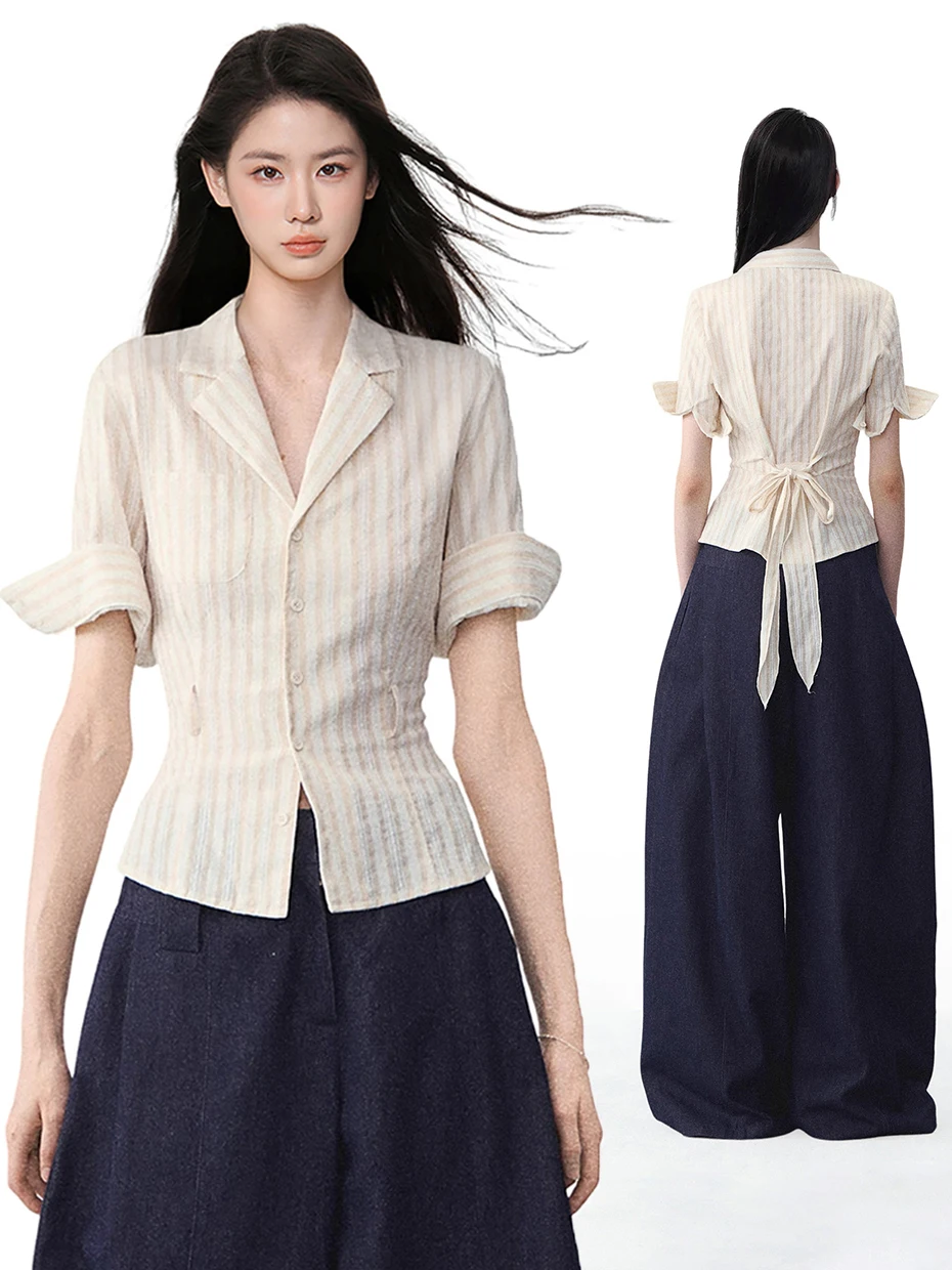 

Slim Fit Cuban Collar Short Sleeve Striped Shirt Women's Summer Design Sense Casual Top Korean Style Commute Fashion