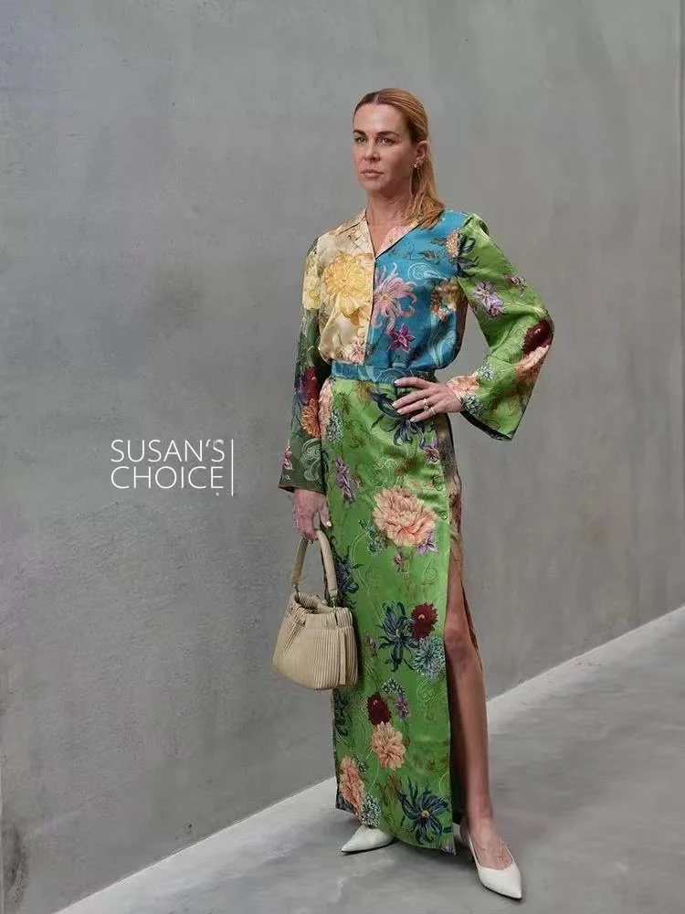 

Susan Australian Retro Floral Long Sve irt And ter Skirt Set Women's Faion Summer Outfit Two-Piece Ensemble een