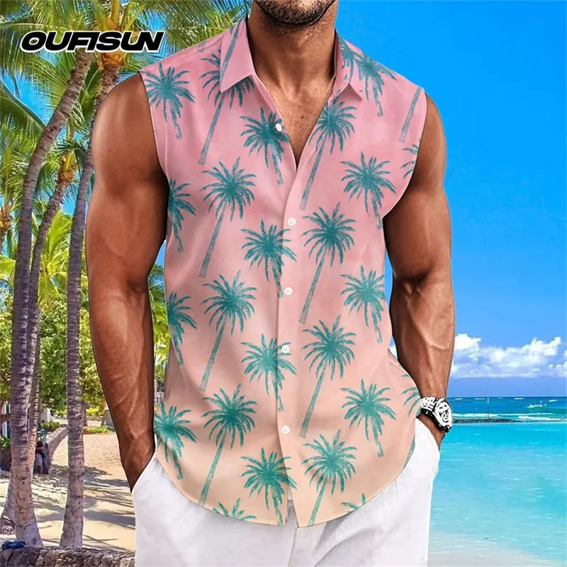 New summer men's vacation shirt, sleeveless T-shirt for beach travel, lightweight and breathable Hawaiian style men's top.