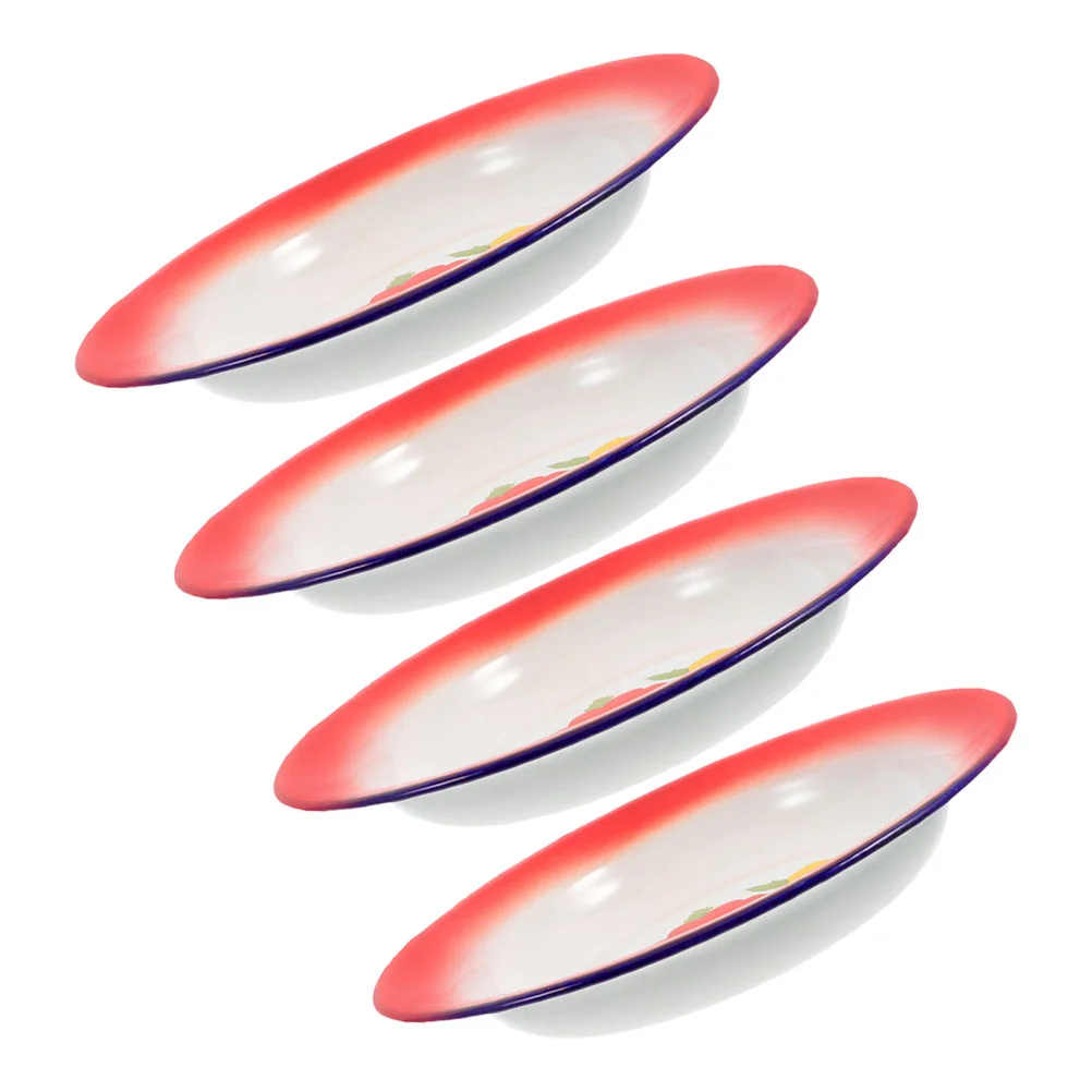 

4 Pcs Enamel Plate Tray Fruit Round Food For Home Camping Plates Dinnerware Dish