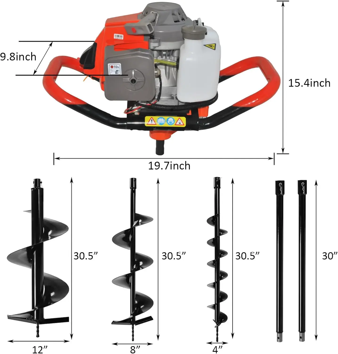 Excavadora de tierra alimentada por Gas, 2 tiempos, 3 brocas (4 ", 8" y 12 "), 72CC