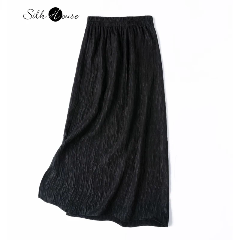 

High Quality Black 100% Natural Mulberry Silk Guanle Crepe Elastic Waist Versatile Slit Women's Fashionable Straight Tube Skirt