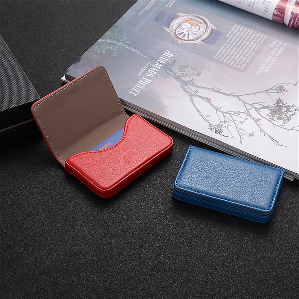 Porte-cartes de visite en cuir PU avec motif litchi, grande capacité, étui pour cartes de crédit, poche magnétique mince