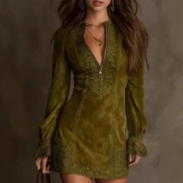 2025 New Women's Dress Long Sleeve Zipper Solid Color Versatile Lace Lace Lace with Cuffs Medium Long Dress for Women