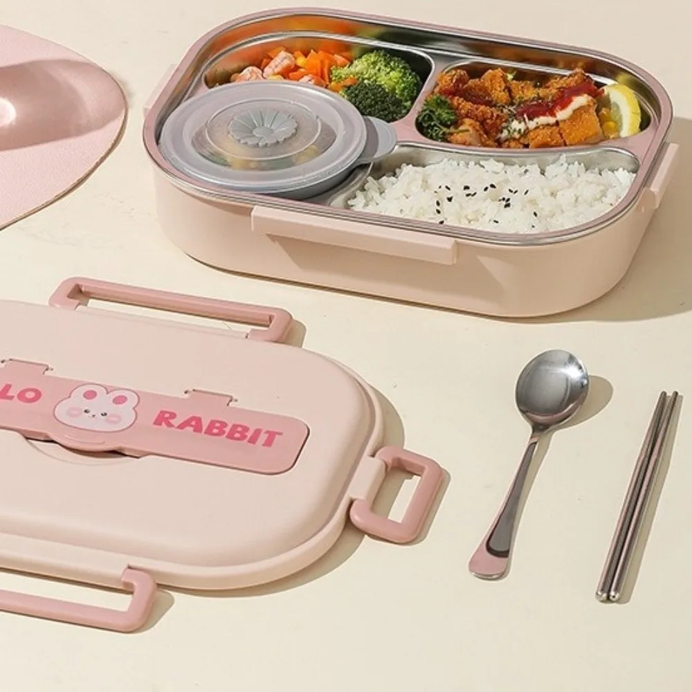 

Leakproof Stainless Steel Lunch Box Portable Cartoon 4 Grids Lunch Box Microwave Safe with A Spoon and Chopsticks