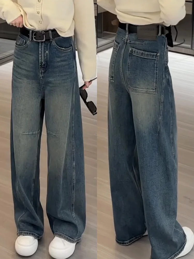 

Широкие американские джинсы с высокой талией, женские облегающие свободные удобные джинсовые брюки больших размеров, Новое поступление осени