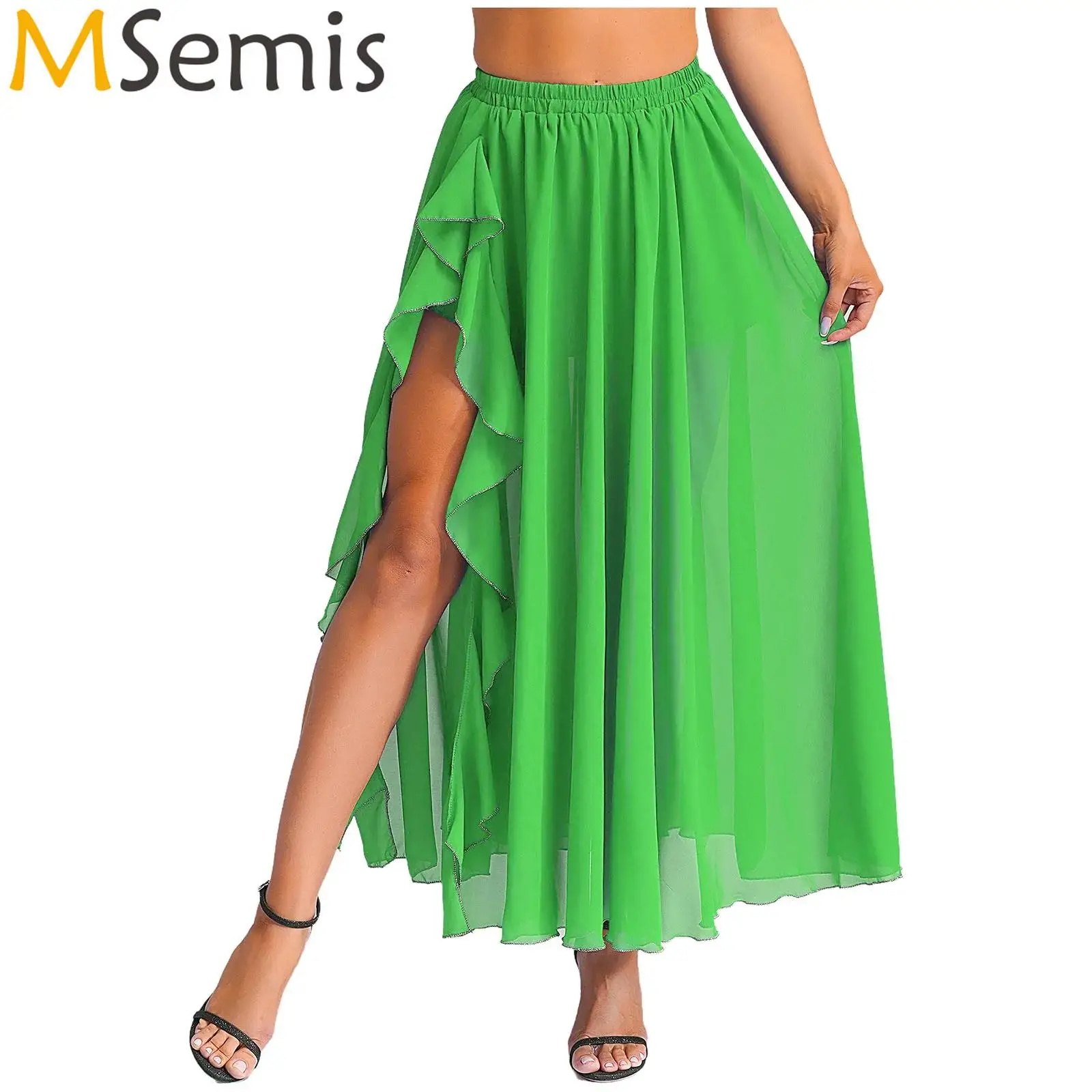 Womens Belly Dance Flowy Chiffon Skirt Elastic Waistband Cascading Ruffles Side Split Swing Skirt Bellywood Dance Costume