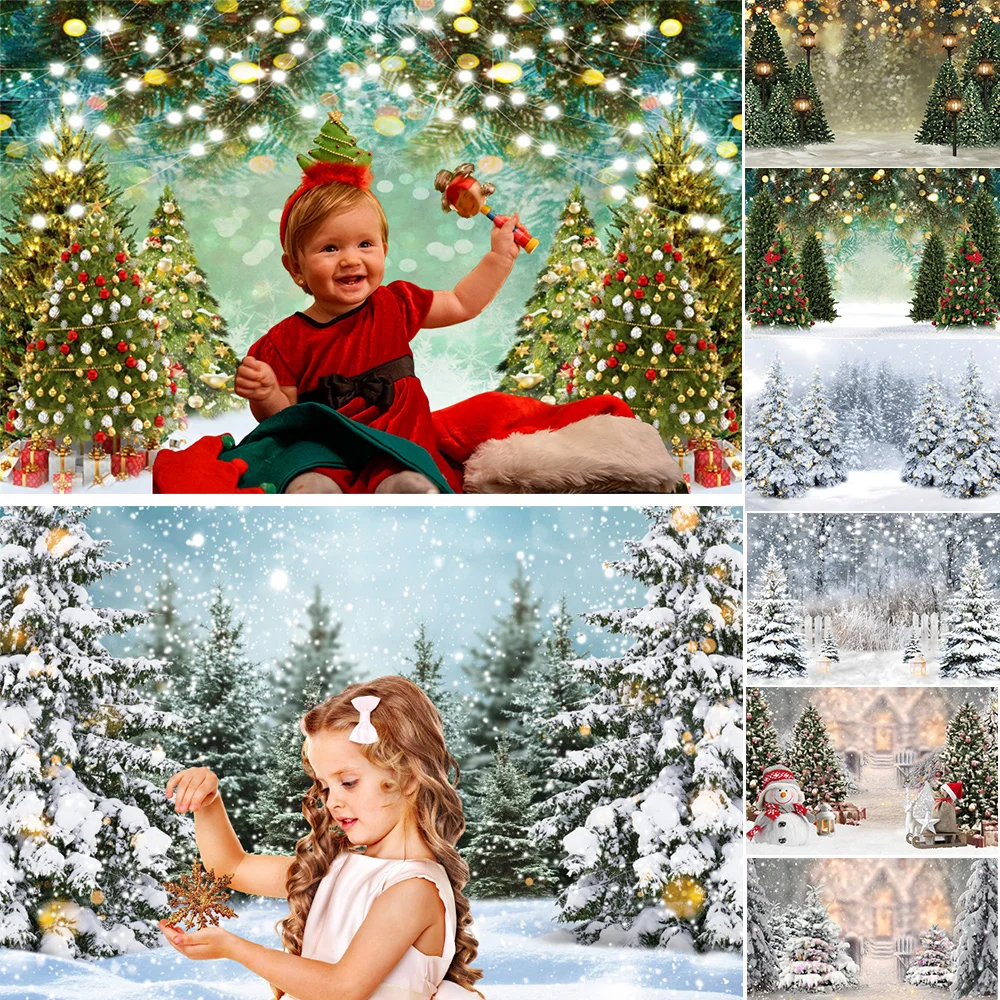 

Winter Snow Scene Christmas Backdrop for Photography Pine Tree Forest Snowflake Snowman Elk Baby Portrait Photo Background Decor