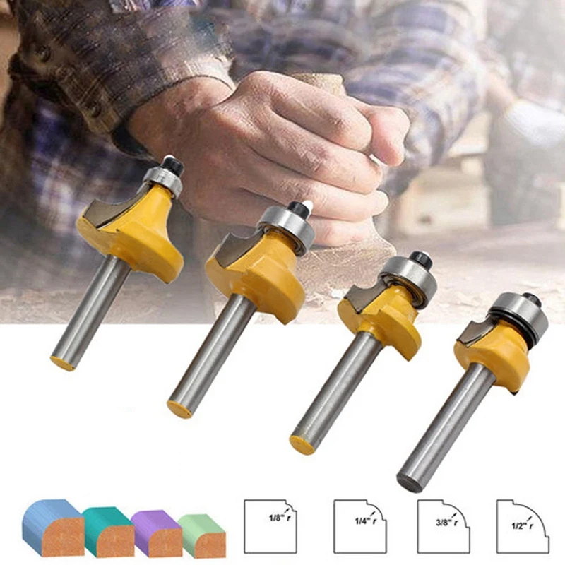 Set di 4 punte per fresa per bordi rotondi, gambo da 1/4 di pollice, 1/2 di pollice, 3/8 di pollice, 1/4 di pollice, raggio di 1/8 di pollice