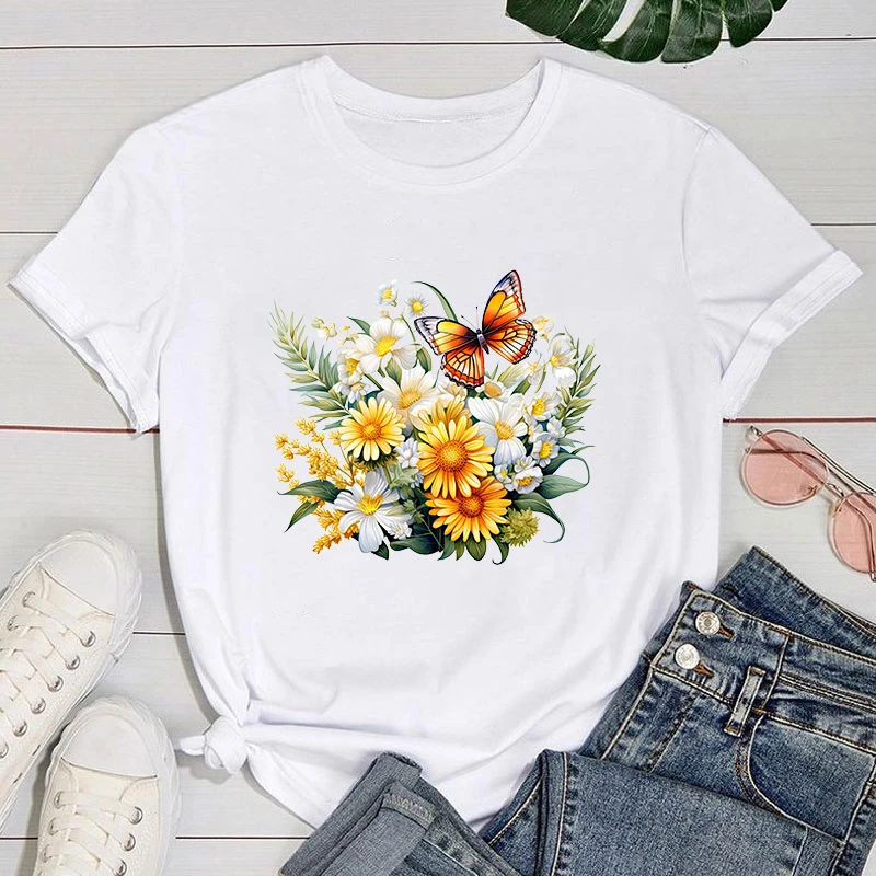 

(Premium T-shirt)New Flowers Butterfly Print T Shirt Women Short Sleeve Tops Tees Summer Fashion Loose Casual T-Shirt