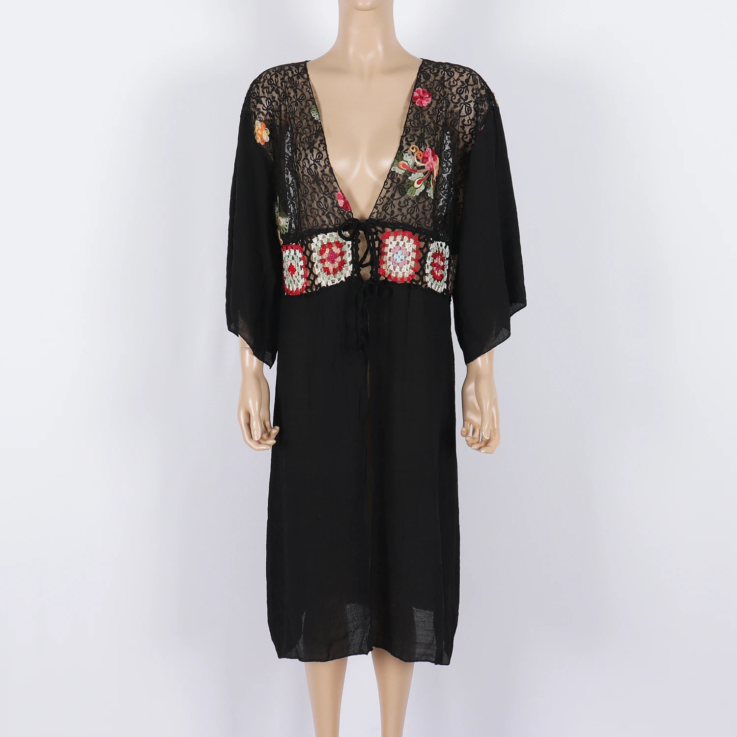 Frauen Blumen Stickerei Kimono Strand Cover Ups Langes Kleid Spitze Häkeln Patchwork Strickjacke Spitze-up Beachwear Sommerkleid