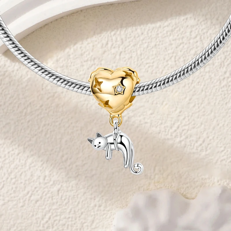 925 prata esterlina balão gato encantos grânulo cz zircônio amarelo balançar caber pulseira original diy feminino jóias presente