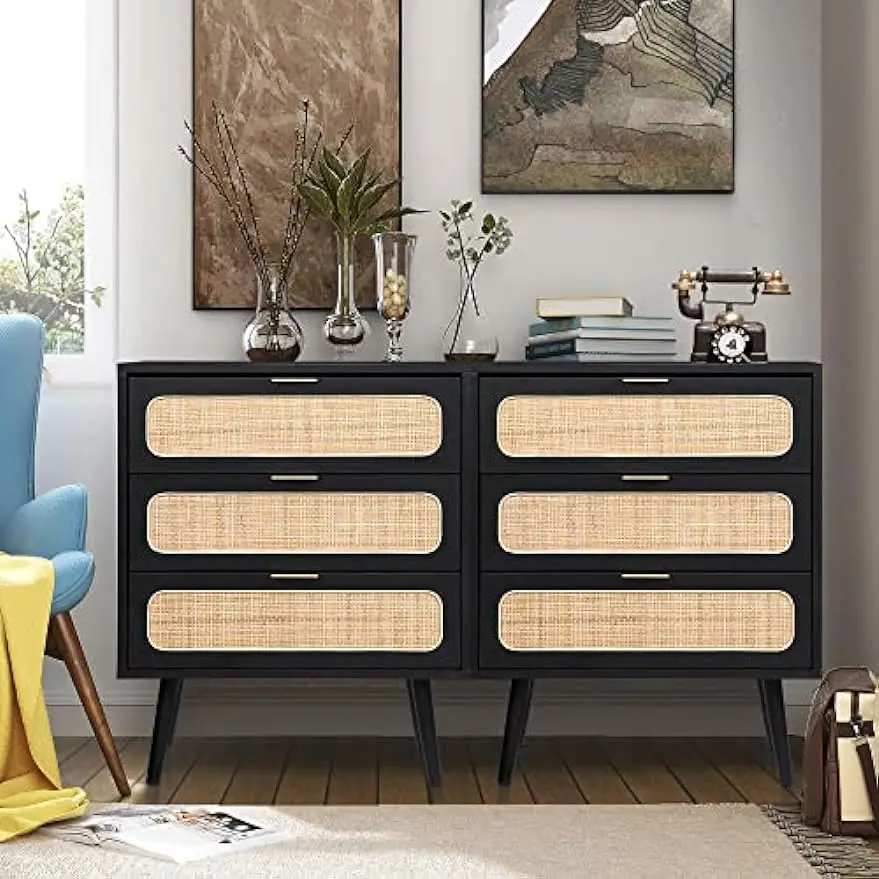 

Rattan Nightstand Dresser Chest of Drawers, Wood Storage Dresser Cabinet Organizer Unit for Bedroom Living Room Closet Office