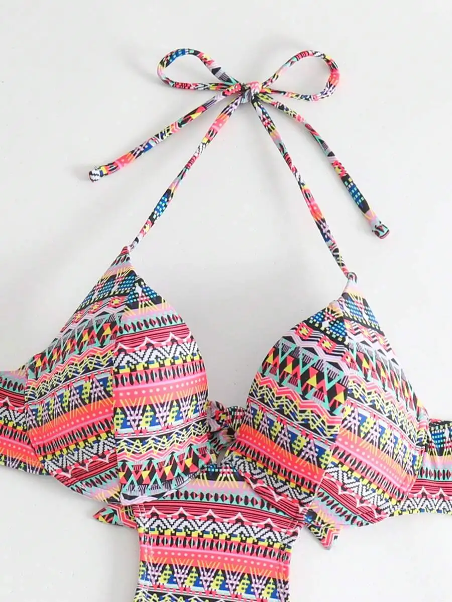 

Geometric Print Cut Out Halter Triangle Top Swimsuit With Beach Skirt