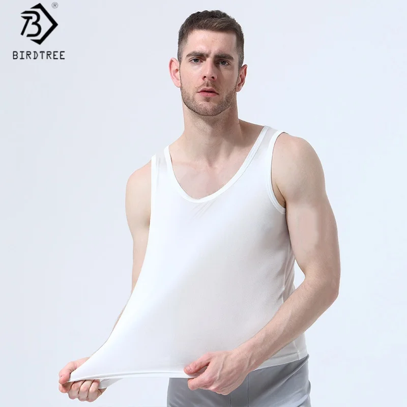

Birdtree, M-XXL, 23% Silk Knitted Tank Tops, O-neck Breathable Vest, Men Sleeveless Solid Thin Shirt, 2026 Spring New T62430JF