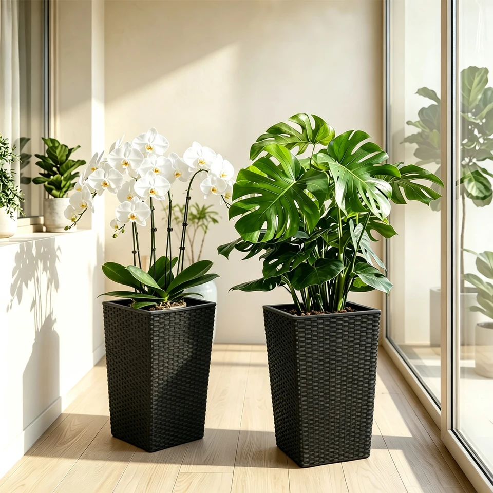Set of 2 Tall Self Watering Planters for Indoor Outdoor