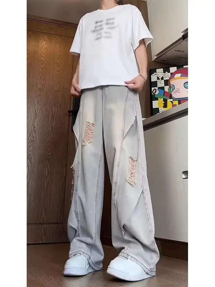 

Women's Splicing Hole Design Vintage Jeans Cool Girl Wide Leg Streetwear Hip-hop Autumn Trouser Female Distressed Denim Pants