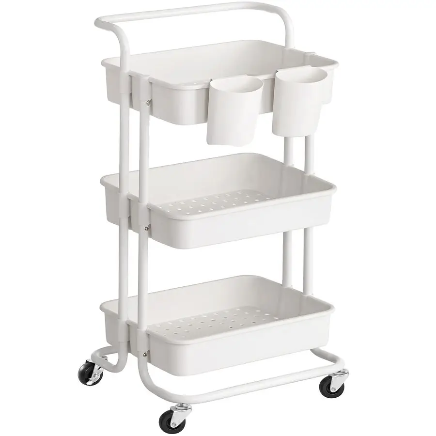 

Rolling Cart, 3Tier Storage Cart, Storage Trolley with Handle 2 Small Organizers, Steel Frame, Plastic Baskets, Utility Cart, E