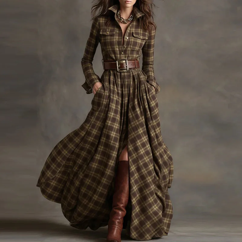 French Retro Plaid Print Slit Long Dresses Woman Elegant Turn-down Collar Button Maxi Dress Autumn Long Sleeve Pocket Boho Dress