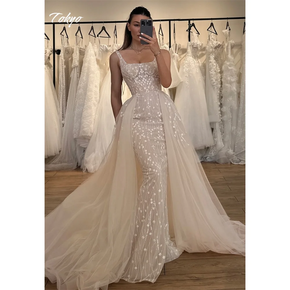 

Токио Индивидуальные бежевые свадебные платья русалки Элегантные свадебные платья без бретелек без рукавов 2025 Тюлевые свадебные платья со шлейфом