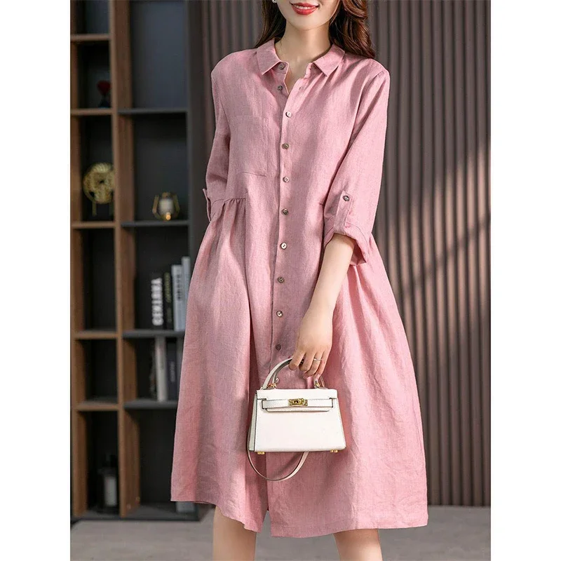 Coreana Cotone Lino Camicia Vestito Signora Mezza Manica Allentato Casual Robe Femme Bottoni Abiti Abbigliamento Donna ZL78