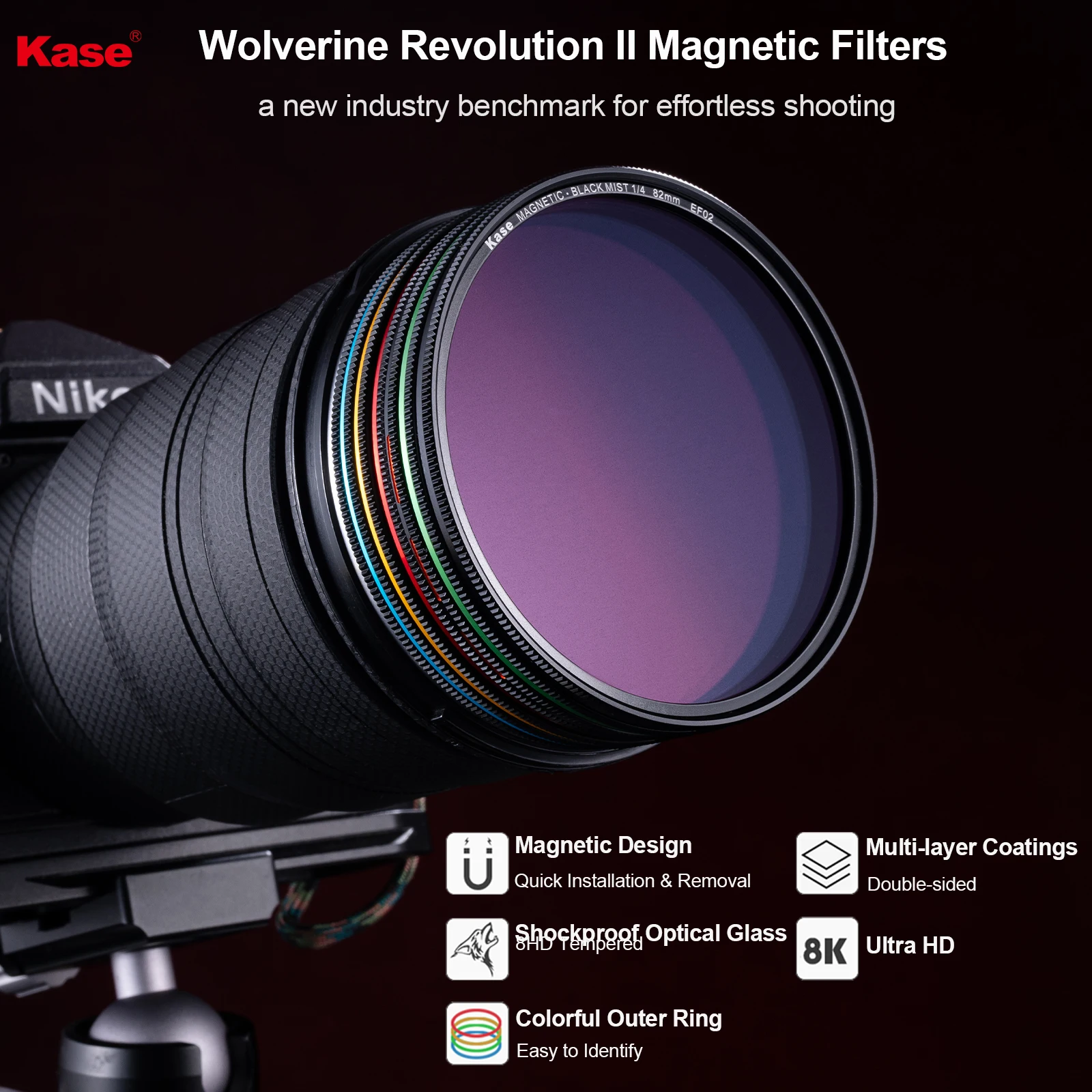 Kase Wolverine Revolution Plus Magnetic Filter UV CPL ND Black Mist GND, Shockproof Tempered Optical Glass & Color Coded Rings