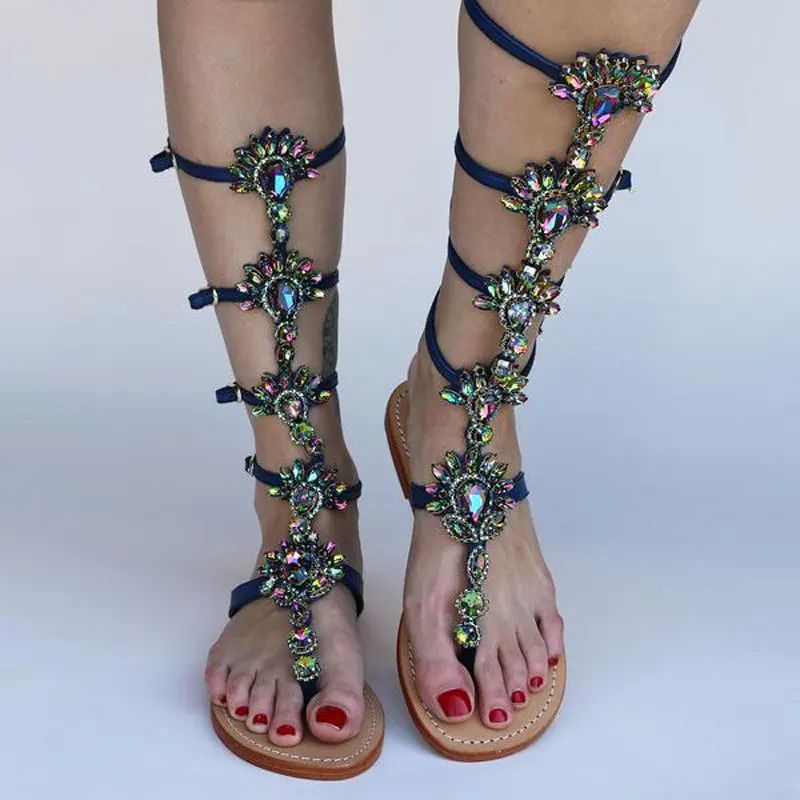 Sexy Woman Bohemia Sandal Boots Rhinestone Lady Knee High Boots flat thong rhinestone boots Crystal Dress Summer Shoes Sandal