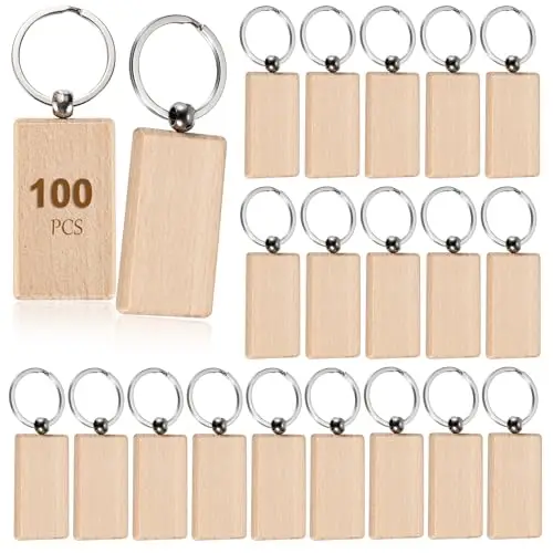 100Pcs Rectangle Blank Natural Beech Wood Keychains Unfinished Wooden Key Tags with Metal Split Rings DIY Craft Blank