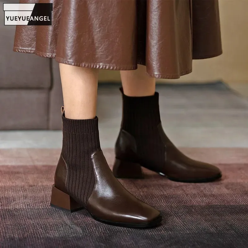 

Genuine Leather Knitting Sock Boots Women Vintage Square Toe Thick Heel Ankle Boots British Style Fashion Stretch Boots Female