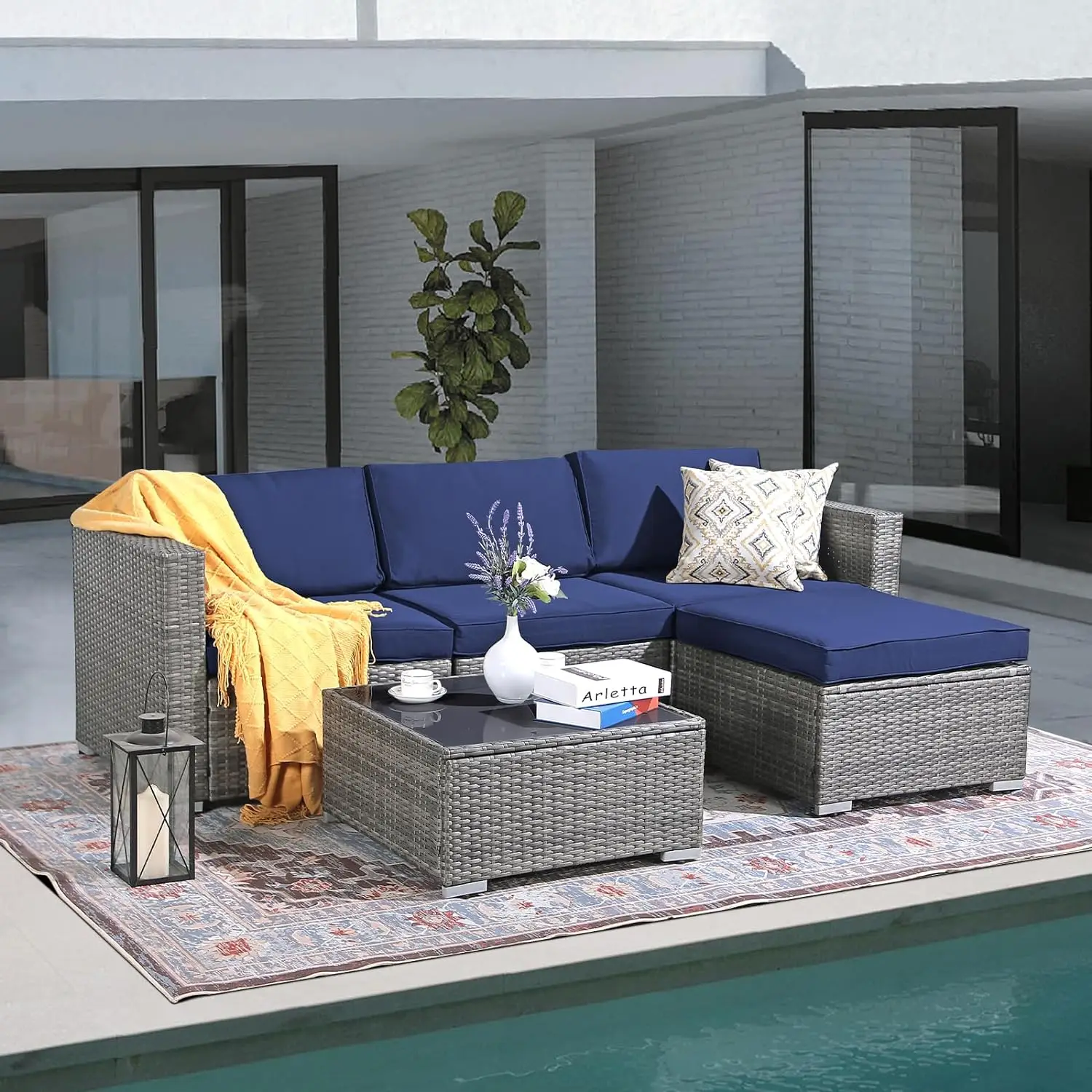 

Outdoor Patio Furniture Set, 5PCS PE Wicker Outdoor Sectional Sofa Set, Rattan Patio Conversation Set w/ Cushions & Coffee Table