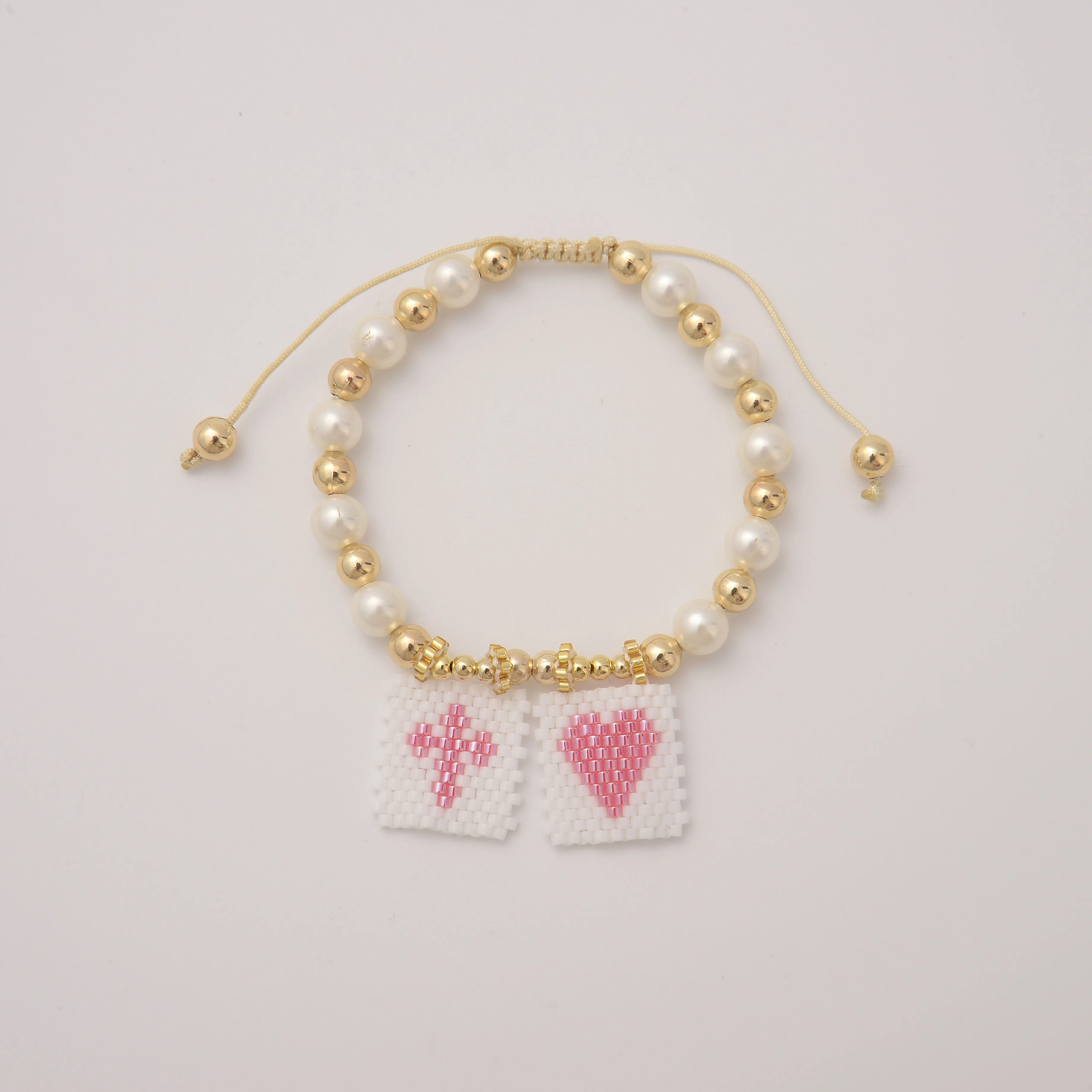 Handmade Shell Pearl Bracelet with Heart Cross Miyuki Beads, 24K Gold Plated Copper, Imitation Pearl