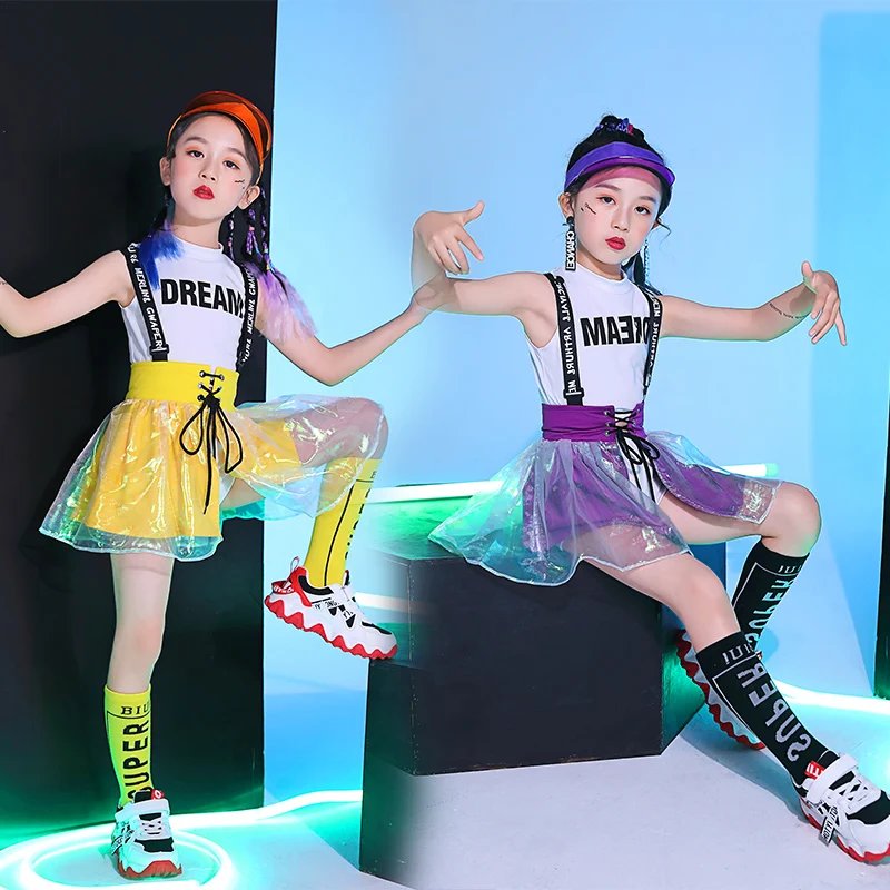 

Hip Hop Girls Summer Stage Suspender Skirt Kids Street Dance Sleeveless Cheerleader Princess Overall Skirts Children Costumes