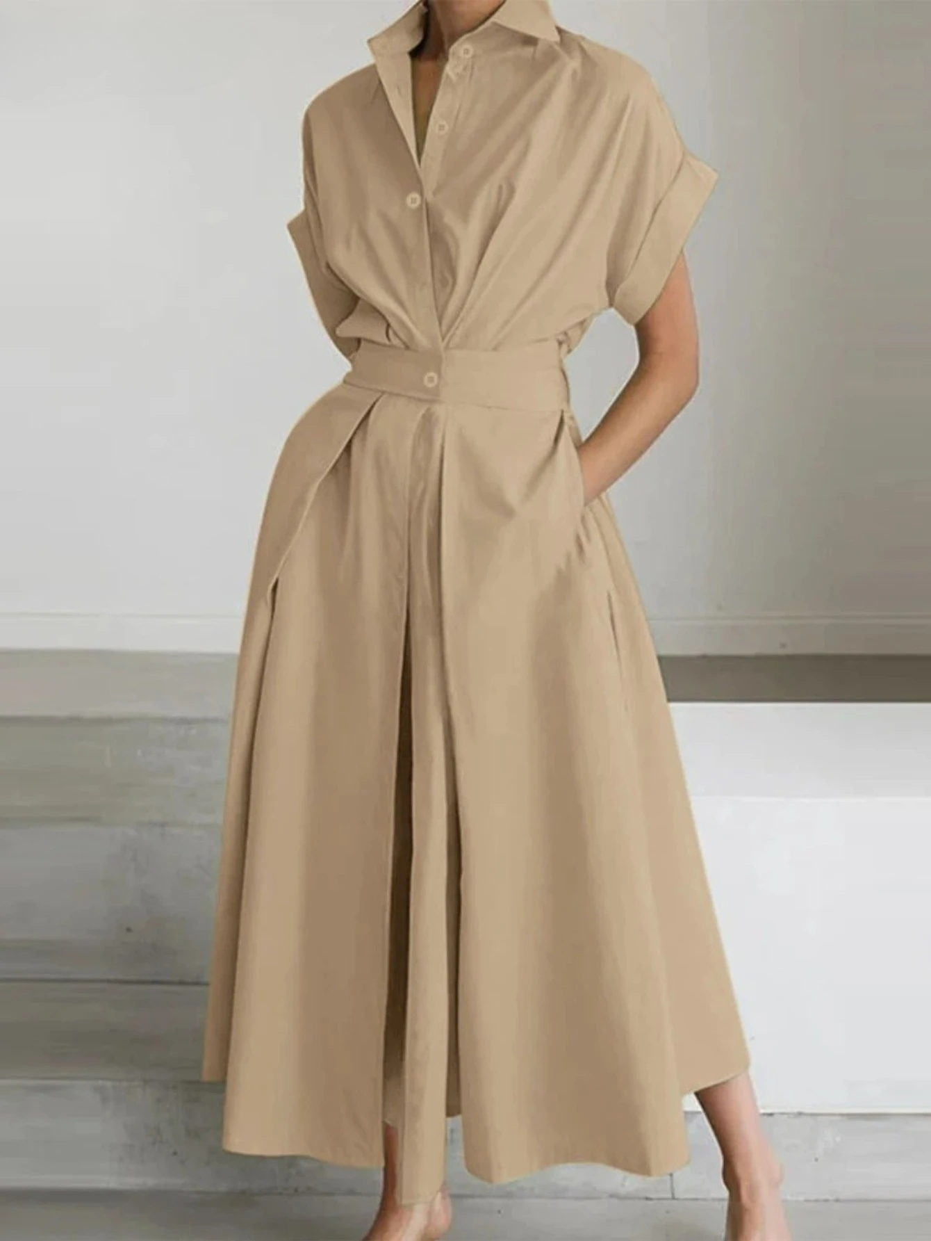 

Женское летнее офисное платье 2026: Элегантное повседневное платье-сарафан с коротким рукавом, однотонное, А-силуэт, на пуговицах, для отпуска, в стиле кафтан/роба