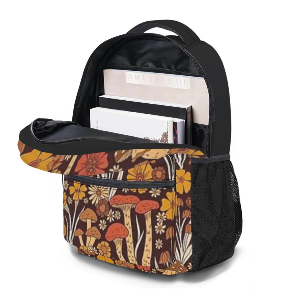 Bolsa de computador lavável impermeável de grande capacidade, marrom e laranja retrô, mochila versátil com cogumelos e flores, unissex