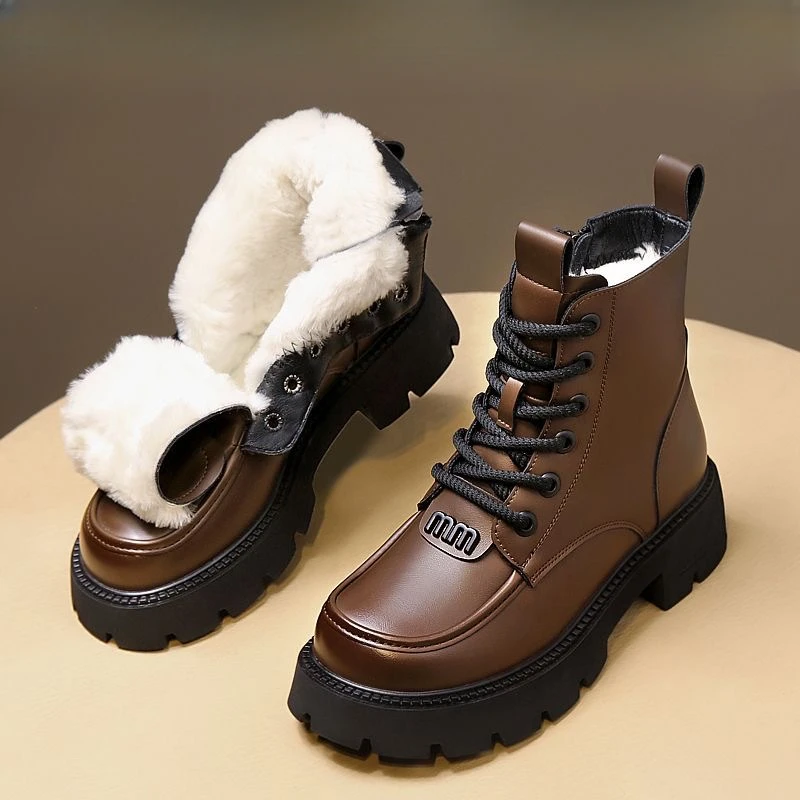 Winter Women Shoes Round Toe Chunky Heel Boots Genuine Leather Shoes for Women Warm Wool Snow Boots Zipper Platform Shoes Women