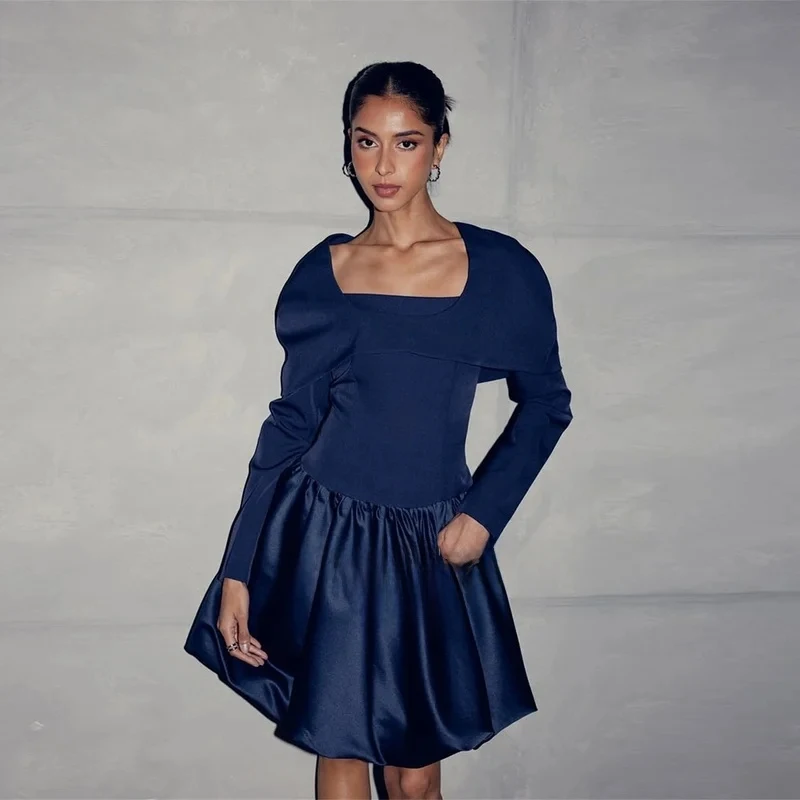

2026 Dubai Navy Blue Satin Prom Dress Long Sleeves Mini Vestidos De Fiesta Elegantes Above Knee Formal Evening Gown Customized
