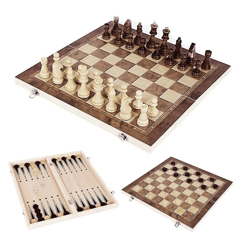 Wooden Foldable 3 In 1 Chess Backgammon Wooden Board Folding Board Game