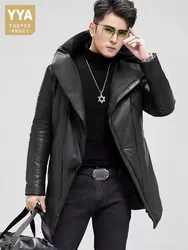 Winter Mens Thick Warm Lapel Collar Sheepskin Genuine Leather Down Jacket Business Work Mid Long Overcoat Slim Fit Outwear Coats