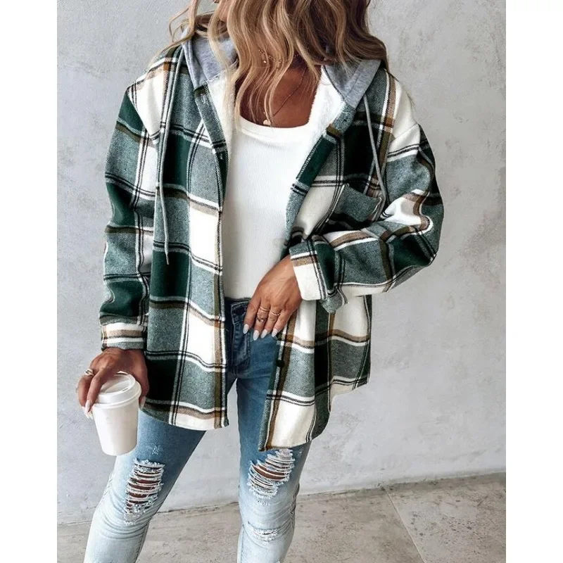 

Breasted Casual Shirts Coats Pockets Plaid Print Buttoned Trend Hooded Jacket Outwear Women Long Sleeve Single Casual Jackets