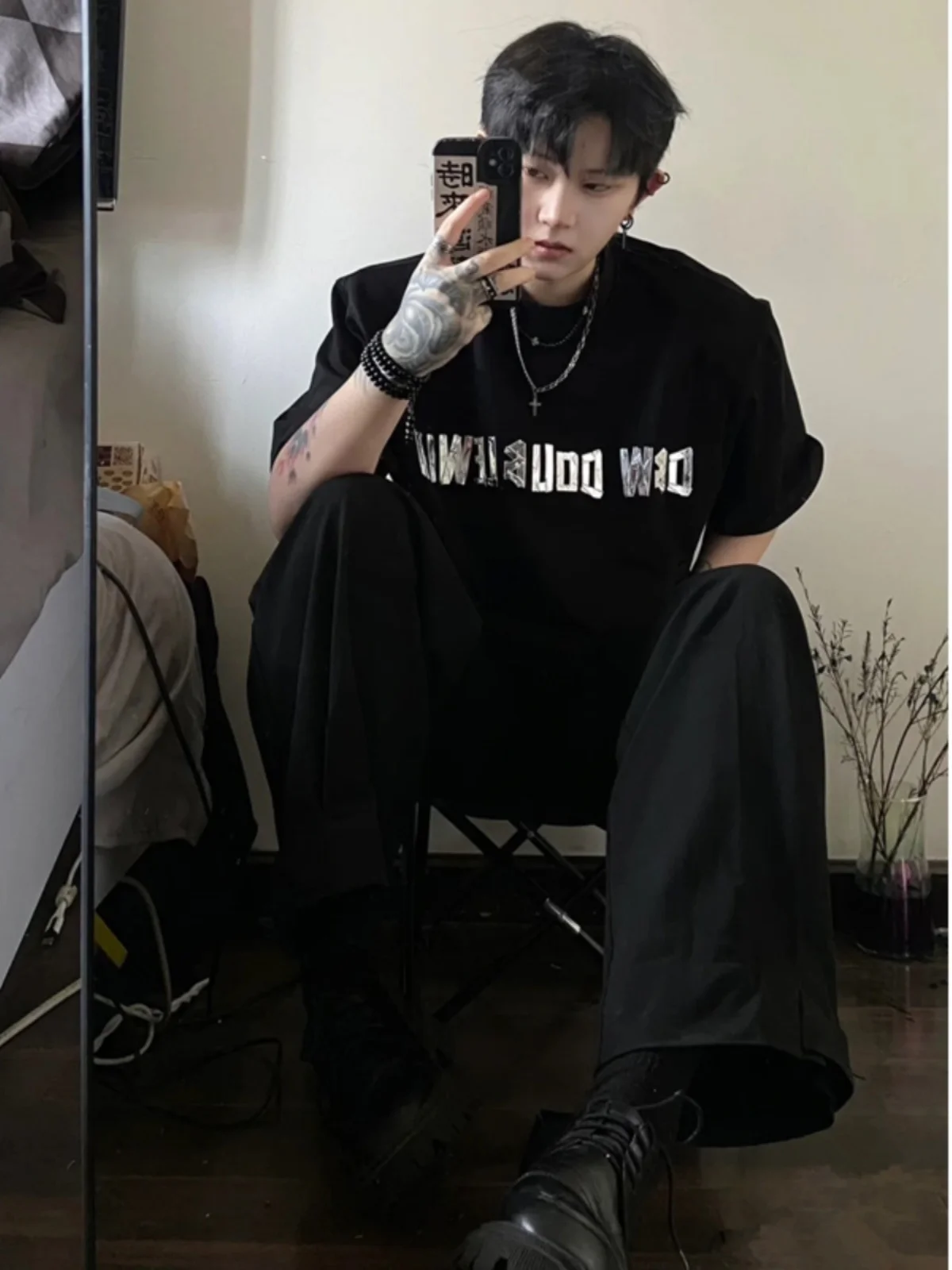 

Bla Loose oulder Pad ort Sve Men's T-irt Metal Letter Design Pure Cotton Heavyweight American High Street f Sve