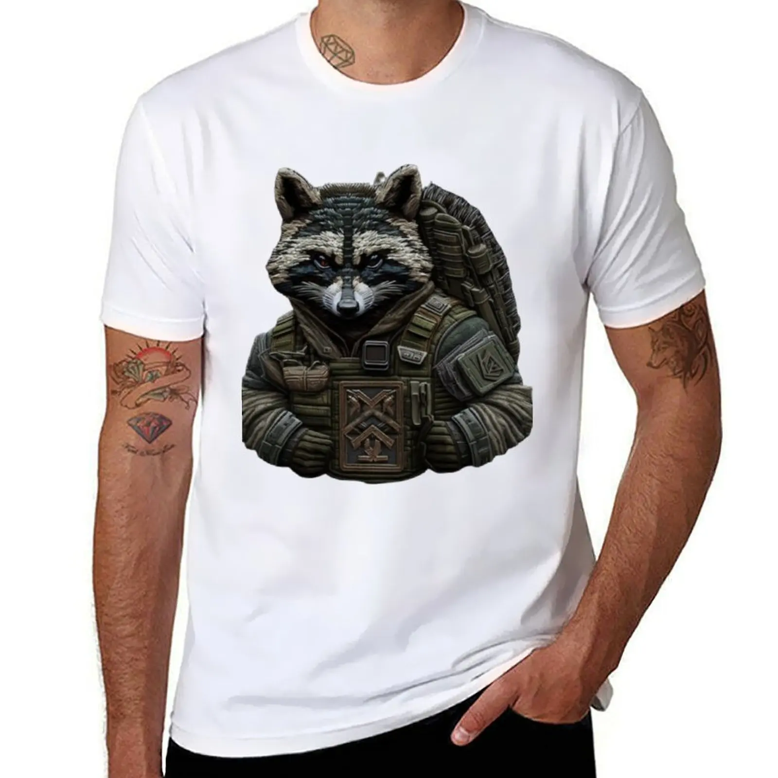 

embroidered chevron with a special forces raccoon T-Shirt t shirt for man 100 percent cotton man t shirts cotton T-Shirt