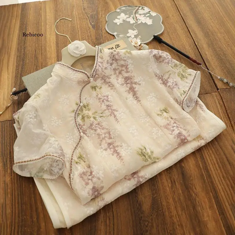 

Spring Summer 2022 Embroidered Chiffon Cheongsam Short Sleeve Retro Girl Improved Young Traditional Chinese Clothing Women