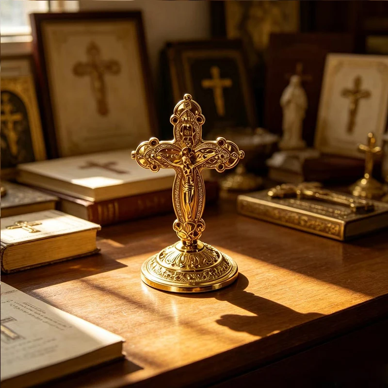 Verziertes, vergoldetes Tischkreuz mit Jesus-Korpus für katholische christliche Altäre, Gebetsräume, religiöse Dekoration, Geschenk. – Detail 3
