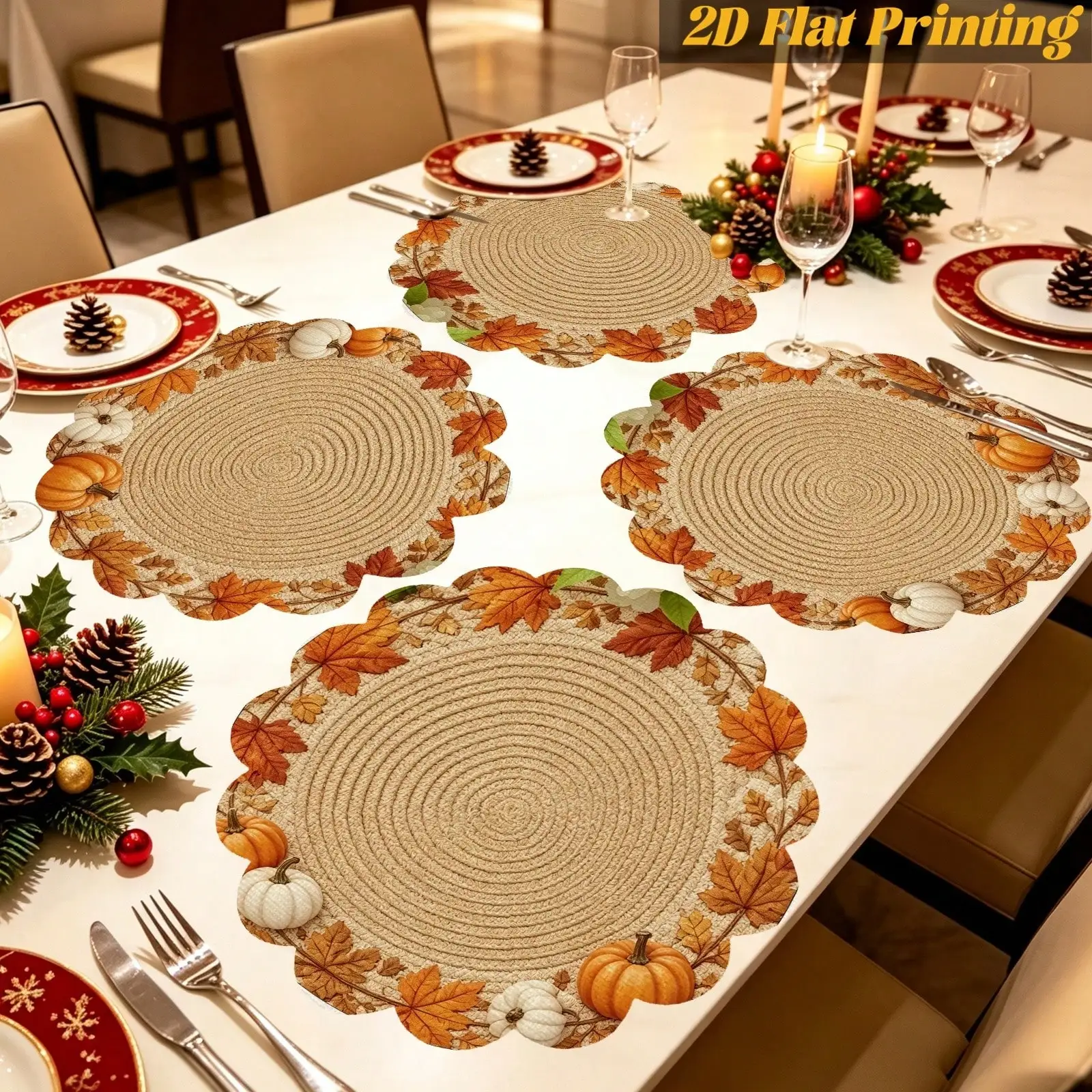 6PCS Fall Pumpkin Maple Leaf Scalloped Placemat | Household Meals,Kitchen Bar Counter,Portable Table Accessory,2D Flat Print | Thanksgiving & Christmas Gifts