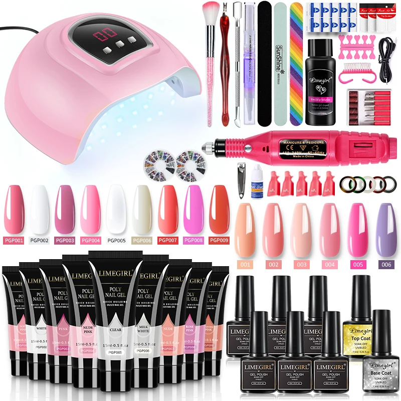 Conjunto de manicure poli gel para unhas, kit de esmalte em gel e broca elétrica para unhas, lâmpada de extensão de unhas para salão de beleza e casa