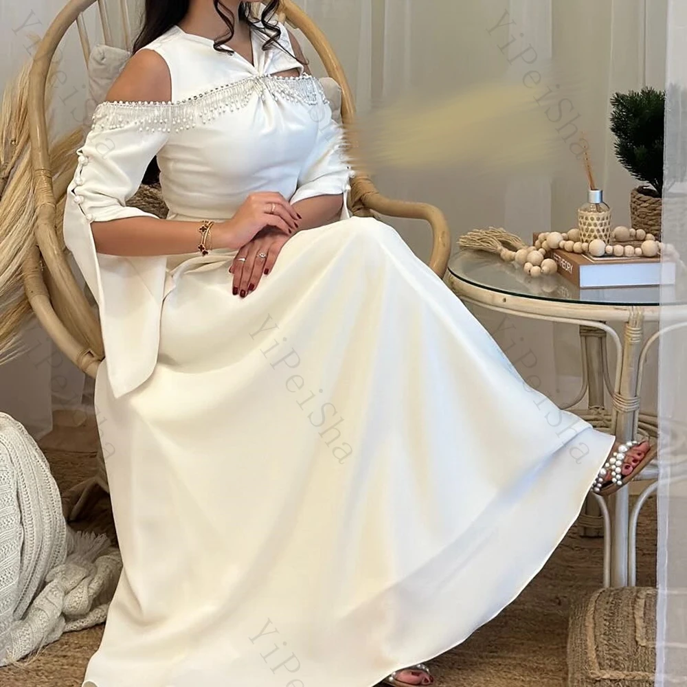 فساتين سهرة مخصصة على شكل حرف a بطول الكاحل ورقبة على شكل حرف V وأكمام طويلة فستان حفلات بسيط على الموضة مطرز بالخرز ثنيات كاجوال للحفلات